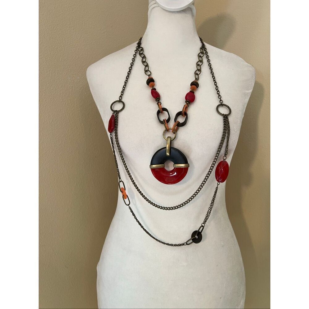 New PremierβDesigns Piper Faux Brown Wood Red Brass Plating 3 In 1 Long Necklace